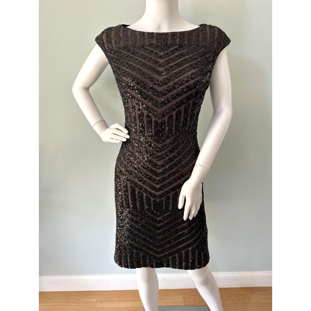 NWT Lauren Ralph Lauren Sequined Geometric Sheath Dress Black Cap Sleeve Size 6